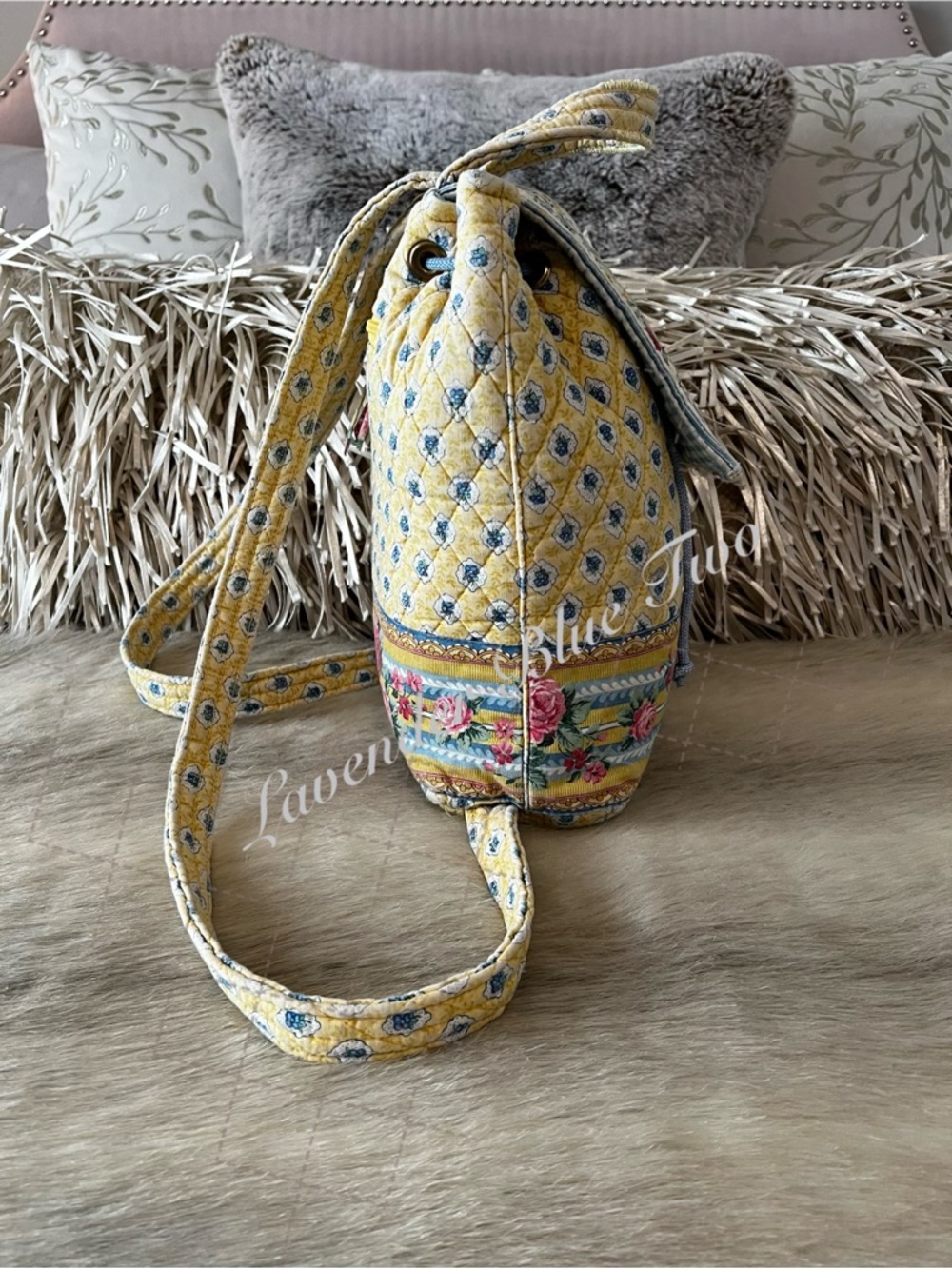 Vintage VERA BRADLEY Elizabeth 1997 Flap Drawstring Backpack Yellow Blue Indiana - Picture 5 of 16